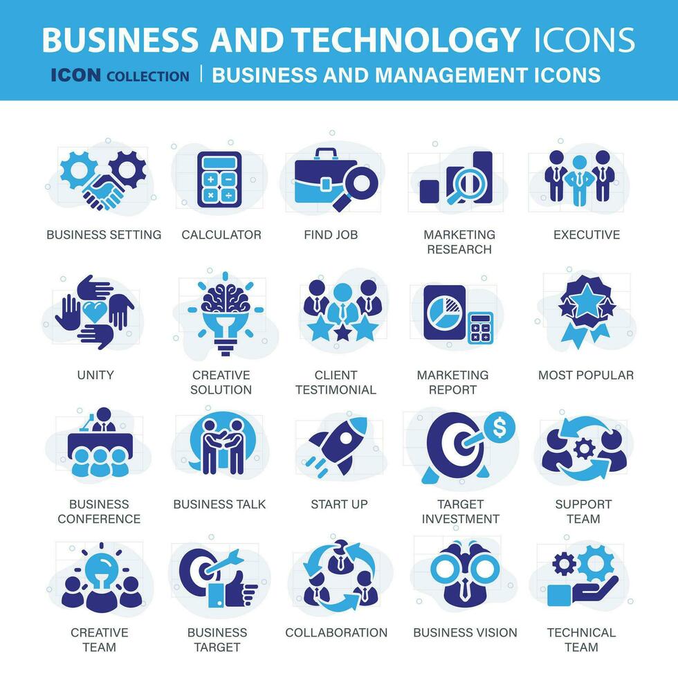 o negócio e marketing, gerenciamento, encontrar trabalho, reunião, trabalho em equipe coleção. conjunto do azul ícones definir. plano vetor ilustração