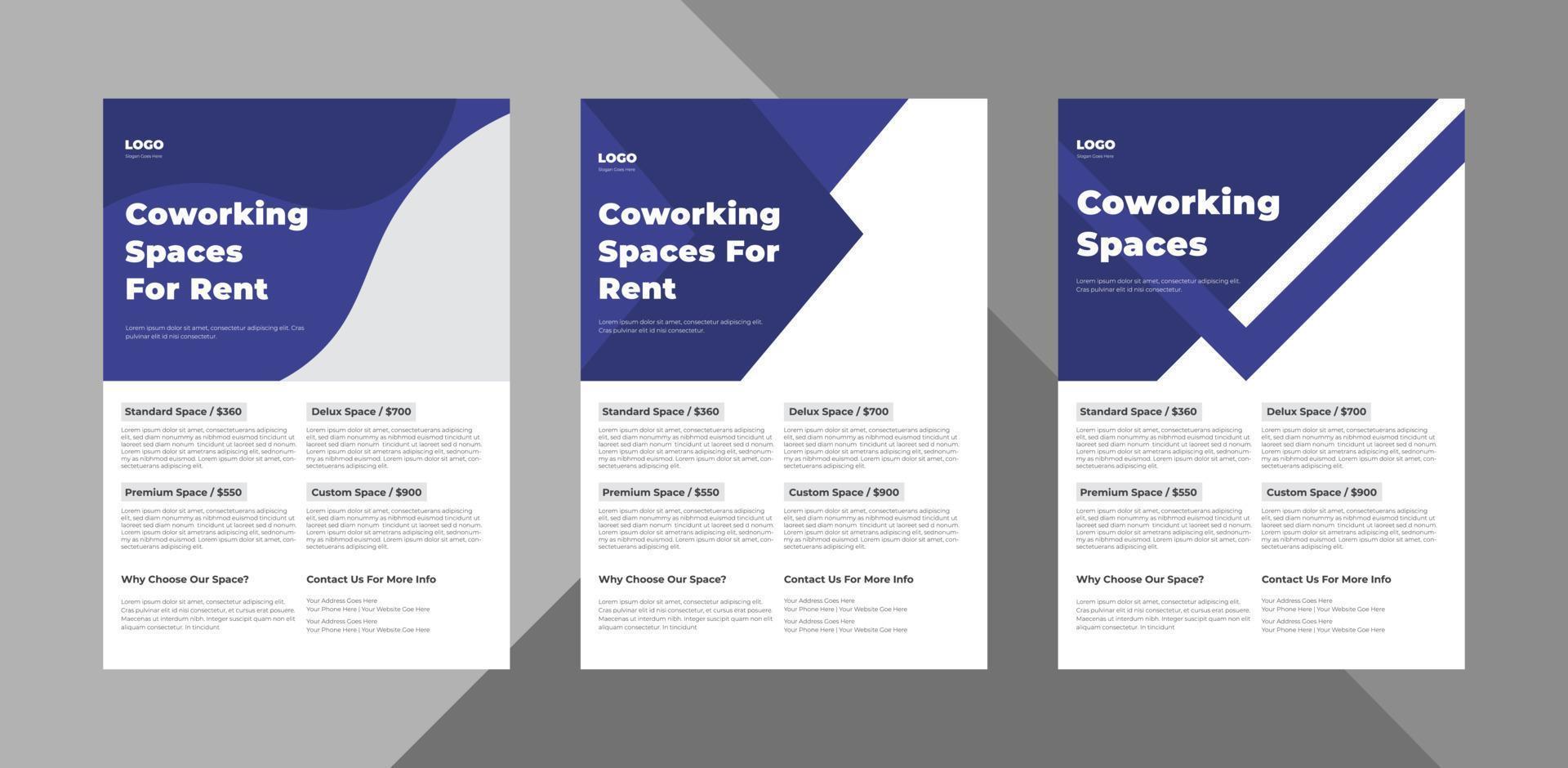 pacote de modelo de design de folheto de espaço de coworking. espaço de coworking de escritório aluguel pôster folheto design 3 em 1. pacote, 3 em 1, modelo a4, design de brochura, capa, folheto, pôster, pronto para impressão vetor