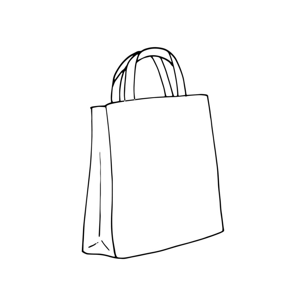 compras papel bolsa. Entrega saco esboço em uma branco isolado fundo. papel saco para mercearia compras. almoço pacote. Shopping vendas, Comprar dentro loja, presente pacote, vetor