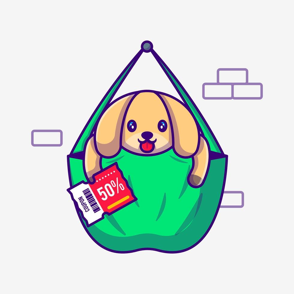 cachorro bonito no saco segurando a ilustração dos desenhos animados de cupom de desconto. conceito de estilo animal cartoon plana vetor