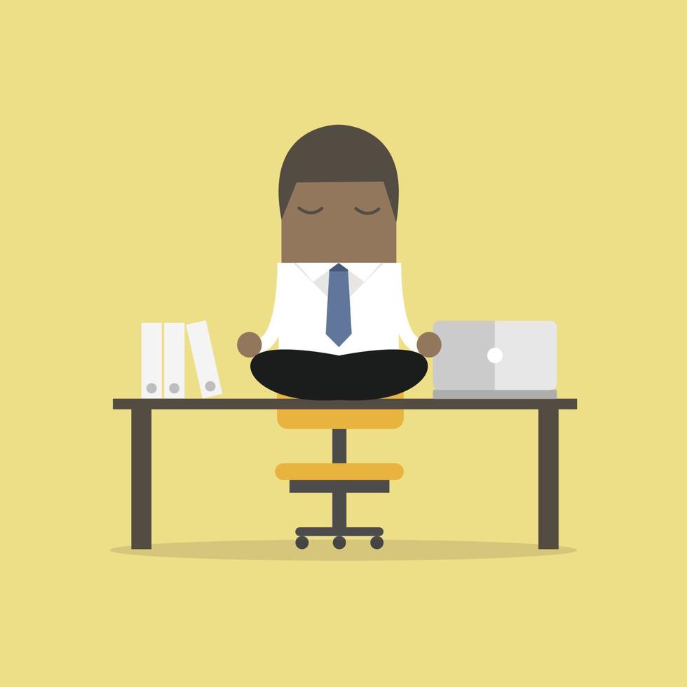 meditação do empresário africano no escritório. ioga no trabalho. jovem relaxante em posição de lótus na mesa com o computador no trabalho. vetor