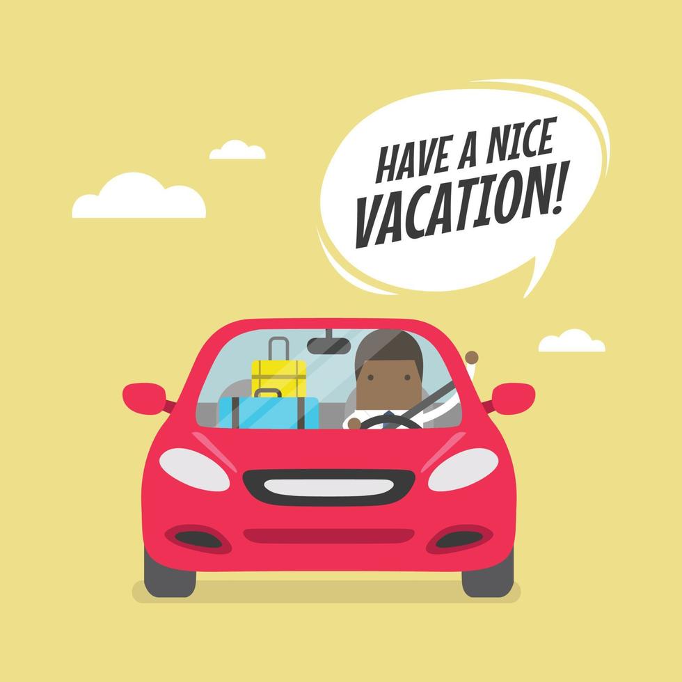 alegre empresário africano viajando de carro com as malas e dizendo: tenha boas férias. vetor