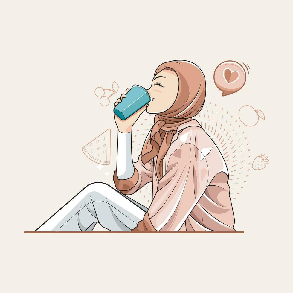 saudável bebida. uma jovem mulher dentro hijab desfrutando uma fresco com sabor de fruta bebida. vetor ilustração