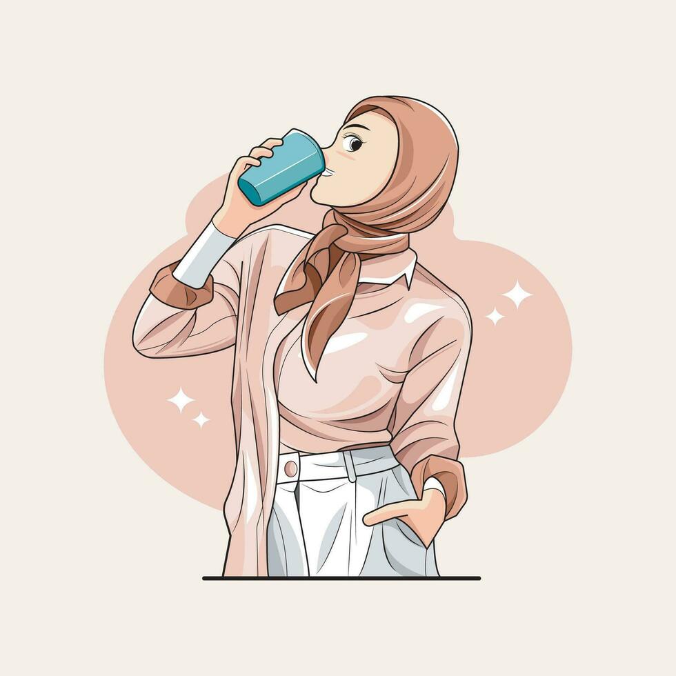 saudável bebida. uma jovem mulher dentro hijab é desfrutando uma refrescante frio bebida. vetor ilustração