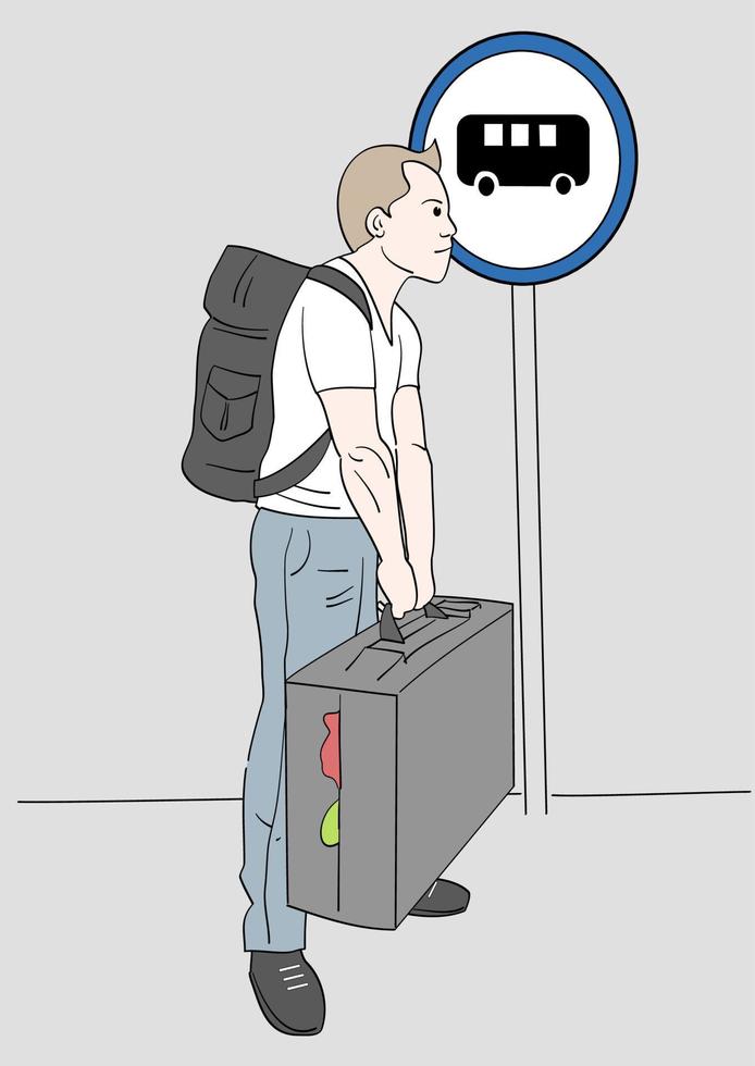 o homem com a mala grande está esperando o ônibus. mão desenhada estilo ilustrações vetoriais vetor