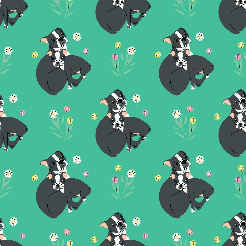 fofa mãe e criança francês buldogue com lindo floral dentro verde fundo. plano desatado padronizar. vetor