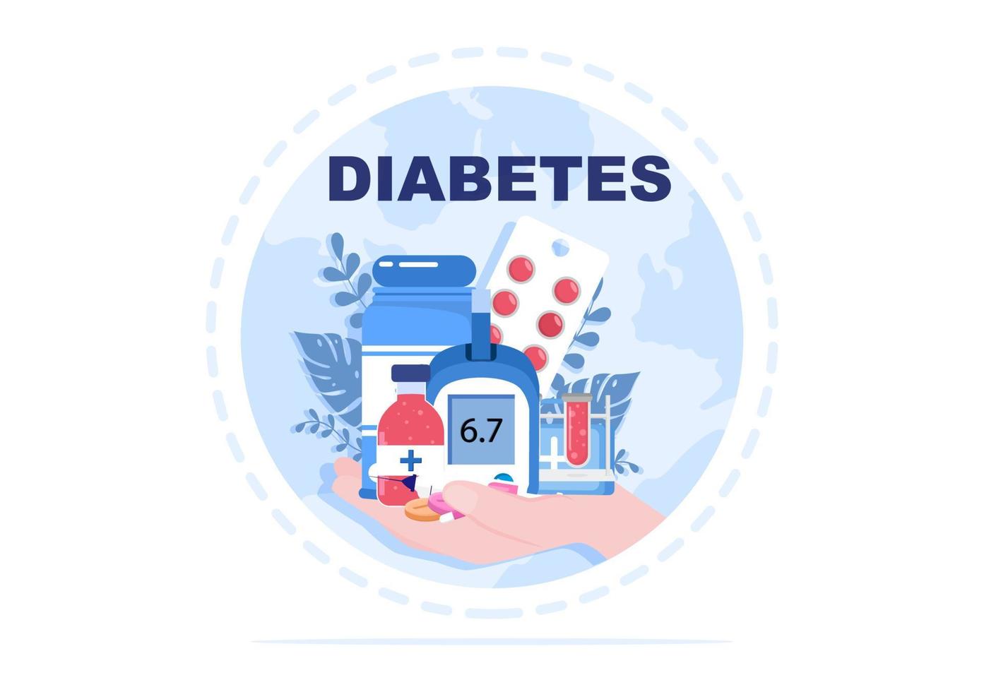 teste de diabetes com medidor de glicose no sangue, resultados de exames, tubos, seringa para cuidados médicos e tratamento para ilustração vetorial de fundo de cartaz vetor