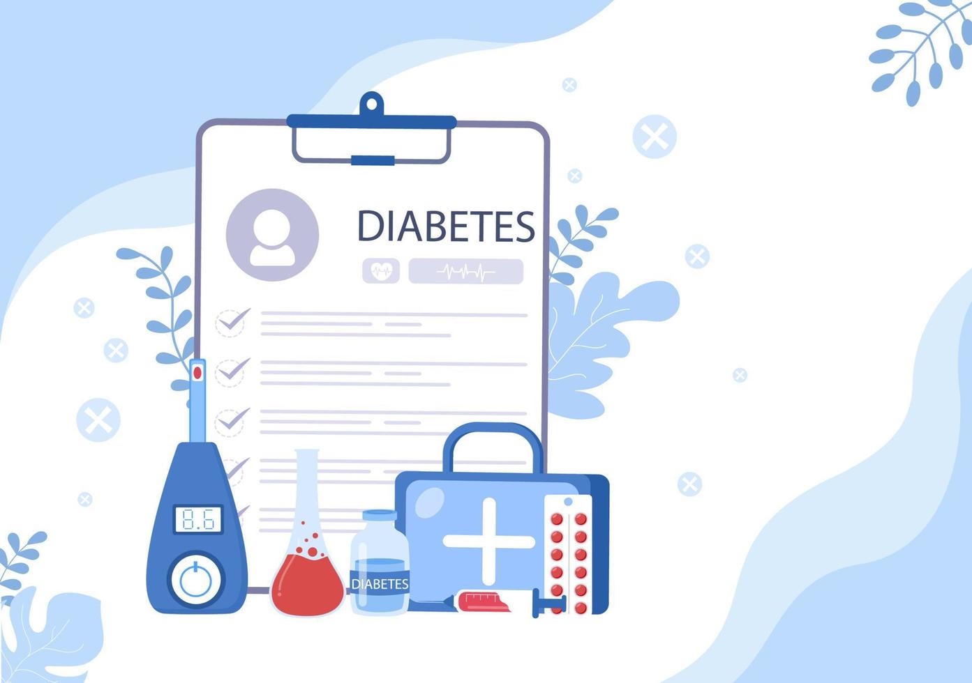 teste de diabetes com medidor de glicose no sangue, resultados de exames, tubos, seringa para cuidados médicos e tratamento para ilustração vetorial de fundo de cartaz vetor