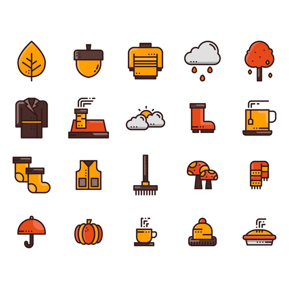 conjunto de ícones de estilo de linha cheia de outono vetor