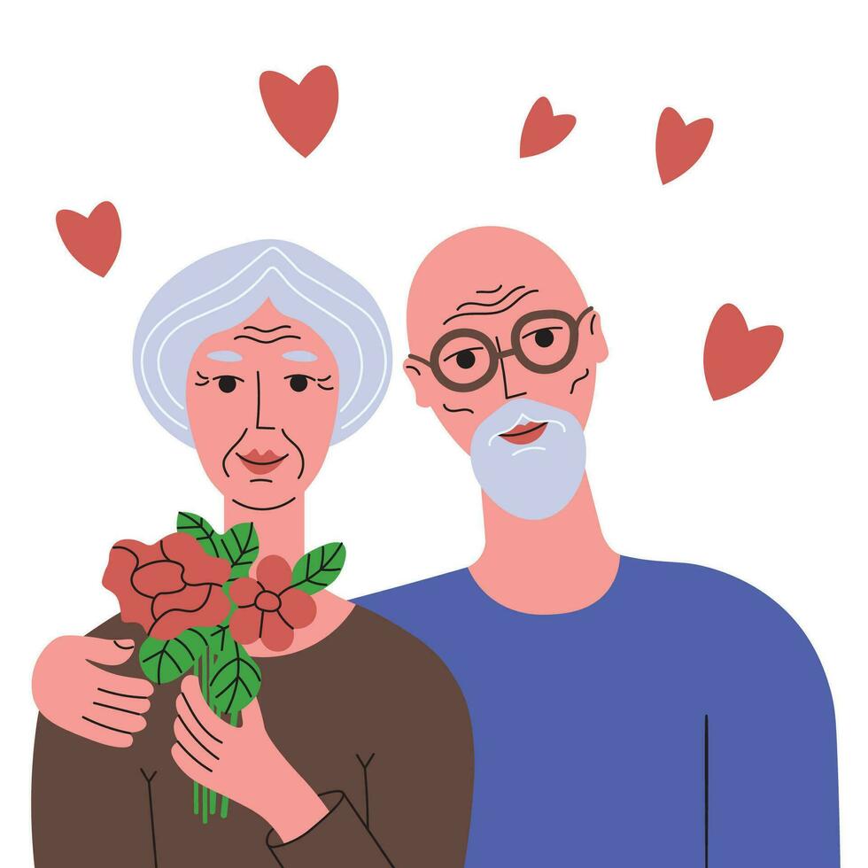 idosos casal amor cada de outros vetor ilustração. mão desenhado idosos mulher com flores e idosos homem em fundo com corações humano relacionamentos, velhice, estilo de vida, celebração namorados dia