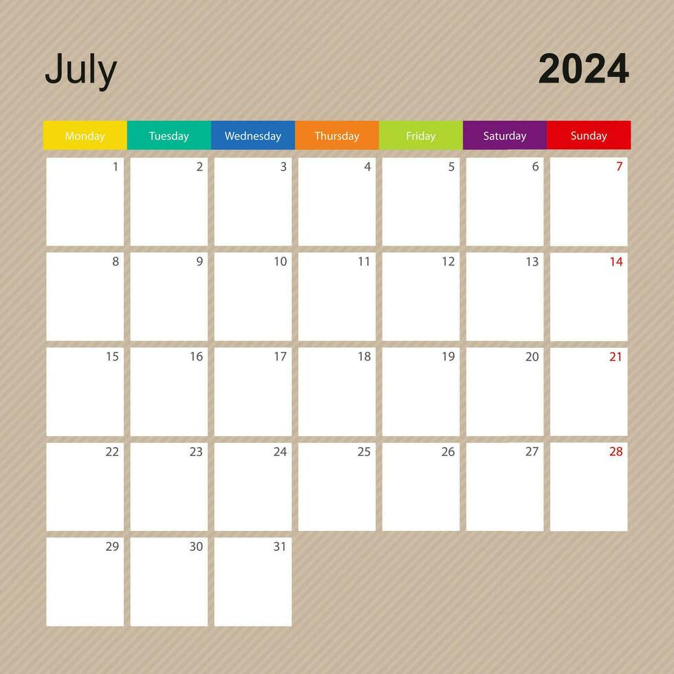 calendário página para Julho 2024, parede planejador com colorida Projeto. semana começa em segunda-feira. vetor