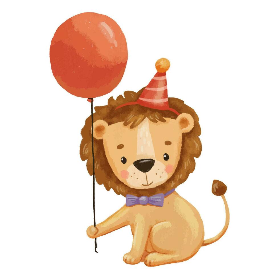 fofa leão com vermelho balão dentro desenho animado estilo. aguarela desenhando africano bebê selvagem animal vetor