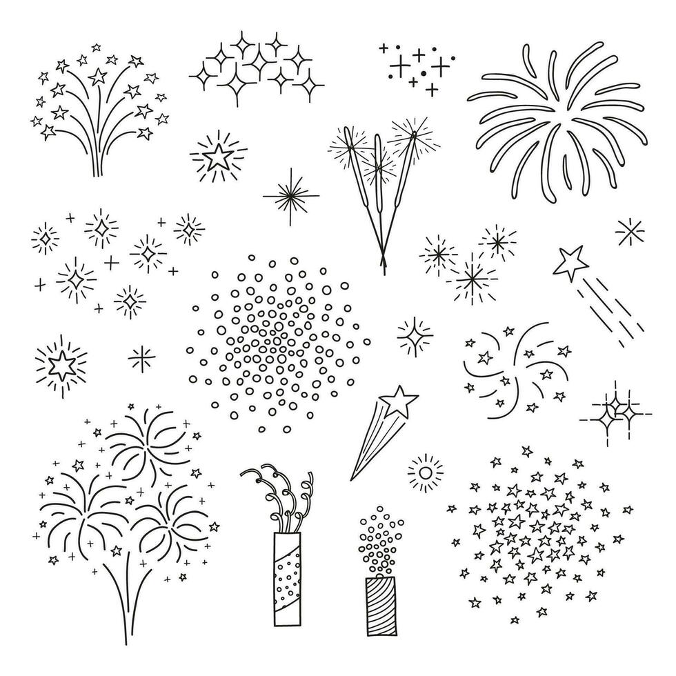 conjunto de fogos de artifício doodle. vetor