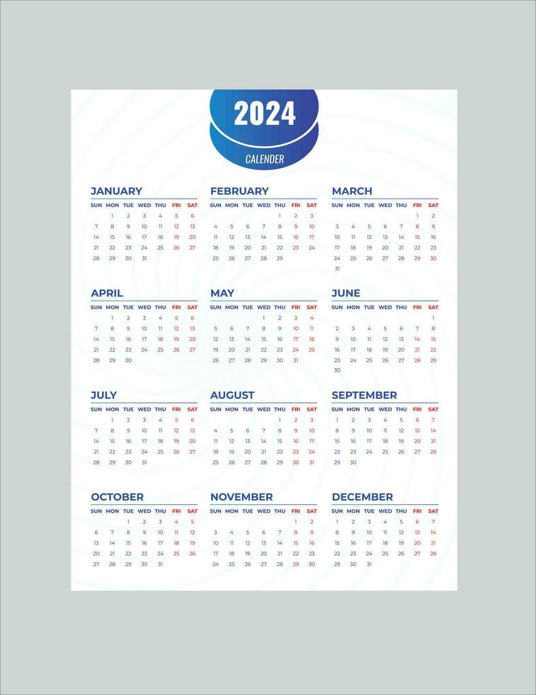 por mês calendário modelo para 2024 ano. parede calendário dentro uma minimalista estilo. semana começa em Domingo. planejador para 2024 ano.2024 simples calendário Projeto. vetor