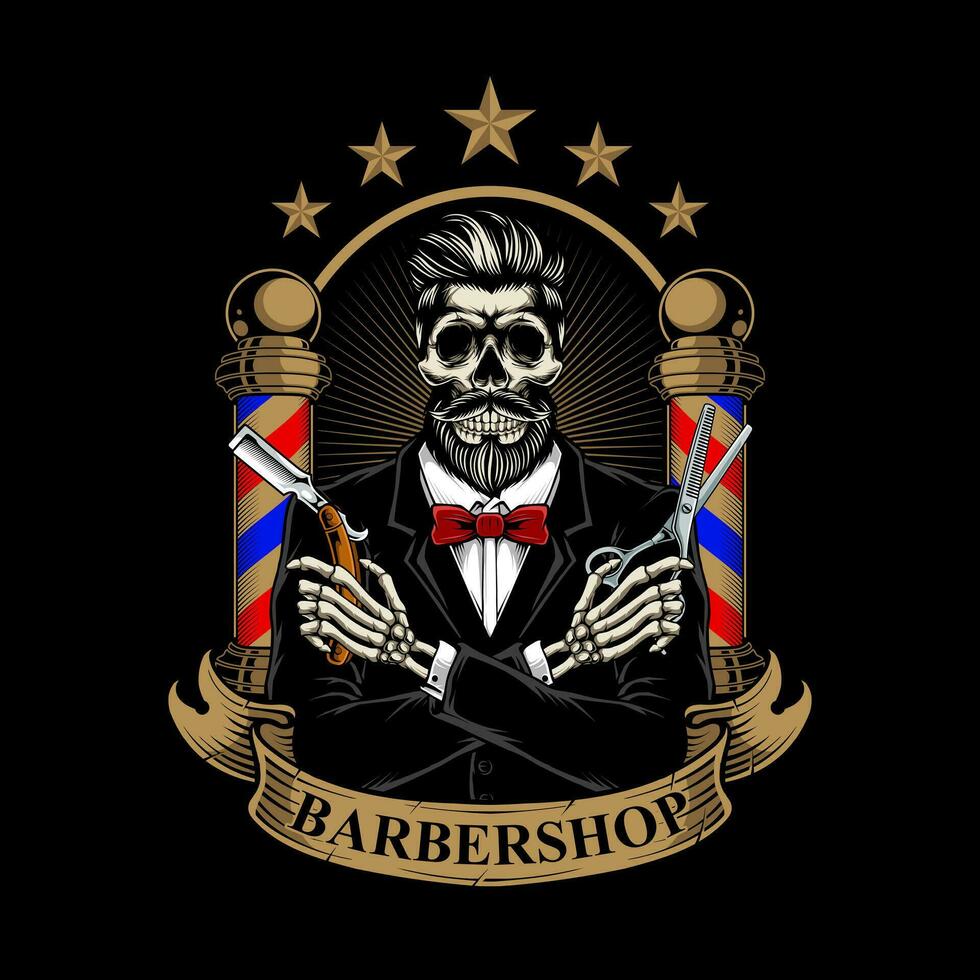 vintage barbearia logotipo cavalheiro esqueleto smoking vetor