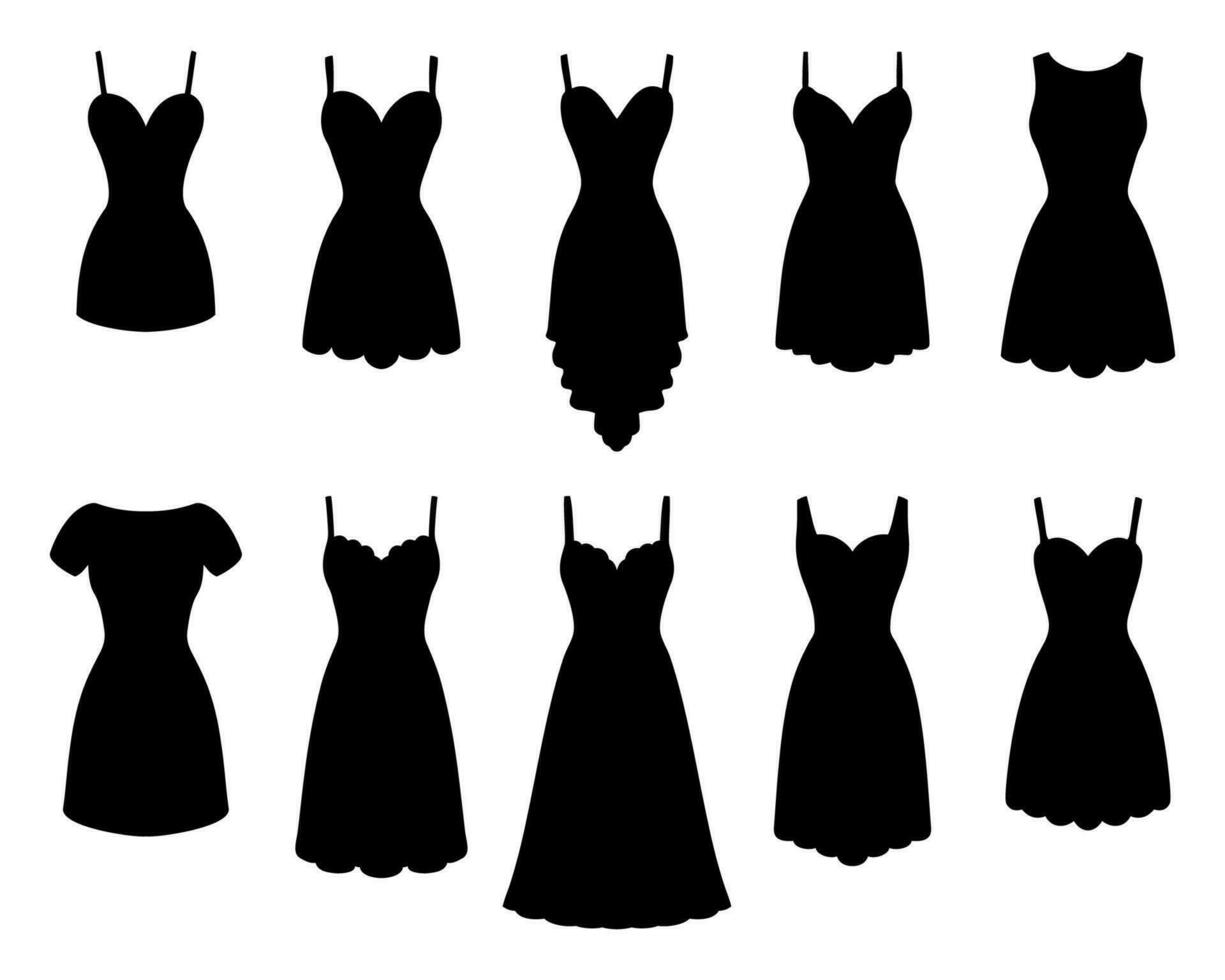 tarde e coquetel vestir definir. coleção mulher roupas. silhueta vestuário. diferente formas do vestidos. vetor ilustração