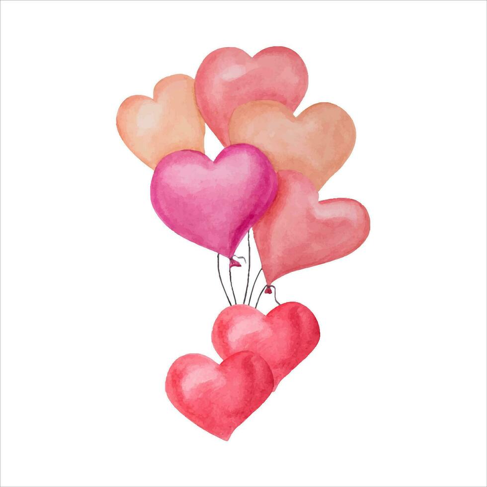 romântico multicolorido corações, grupo do balões. aguarela ilustração. para cartão, Casamento convite vetor