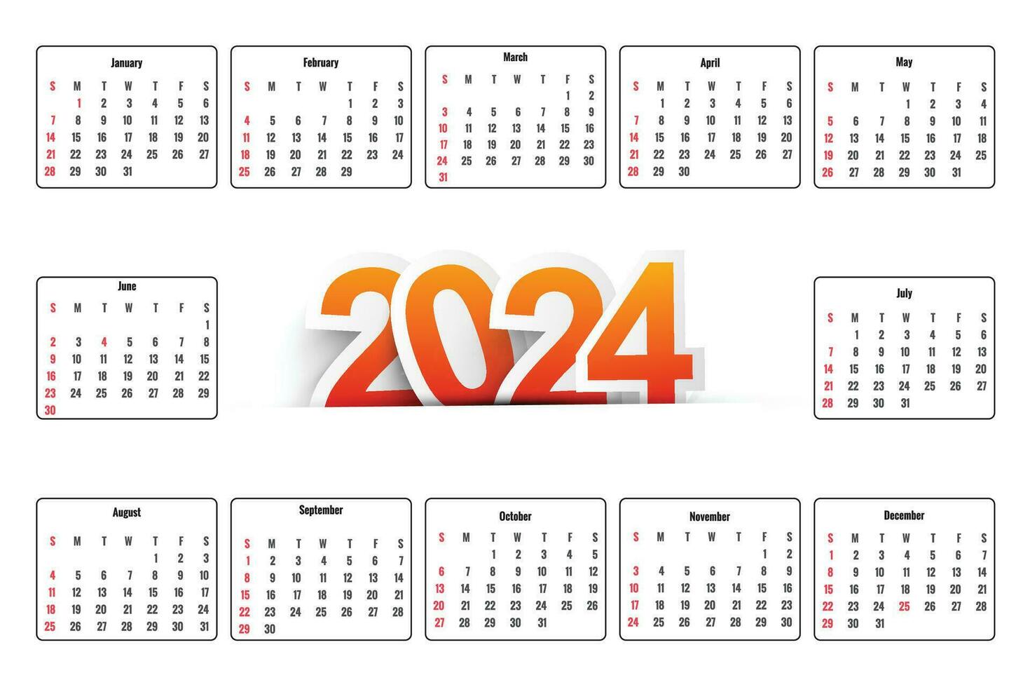 lindo colorida 2024 Inglês calendário modelo Projeto vetor