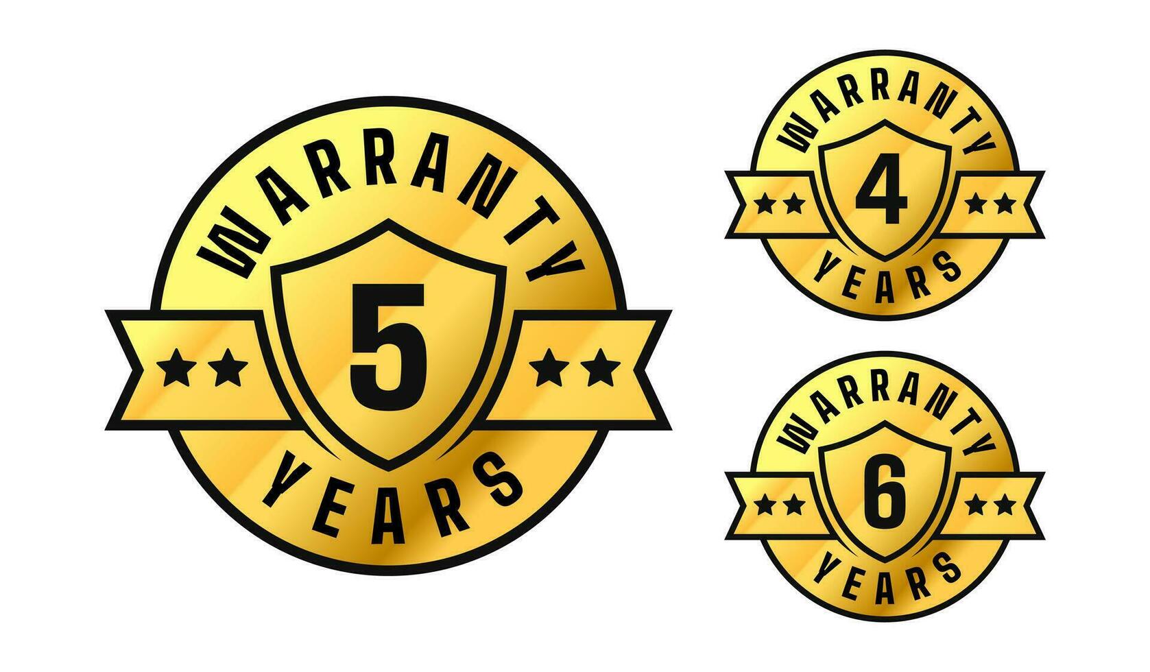 4,5,6 anos garantia. escudo, estrelas, fita círculo ouro rótulo. para ícone, logotipo, selo, marcação, sinal, símbolo, distintivo, carimbo, adesivo, etc. vetor