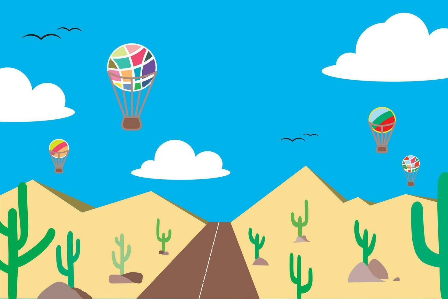 ilustração Visão do estrada para dentro a montanha com balão em a céu e cacto árvore. vetor