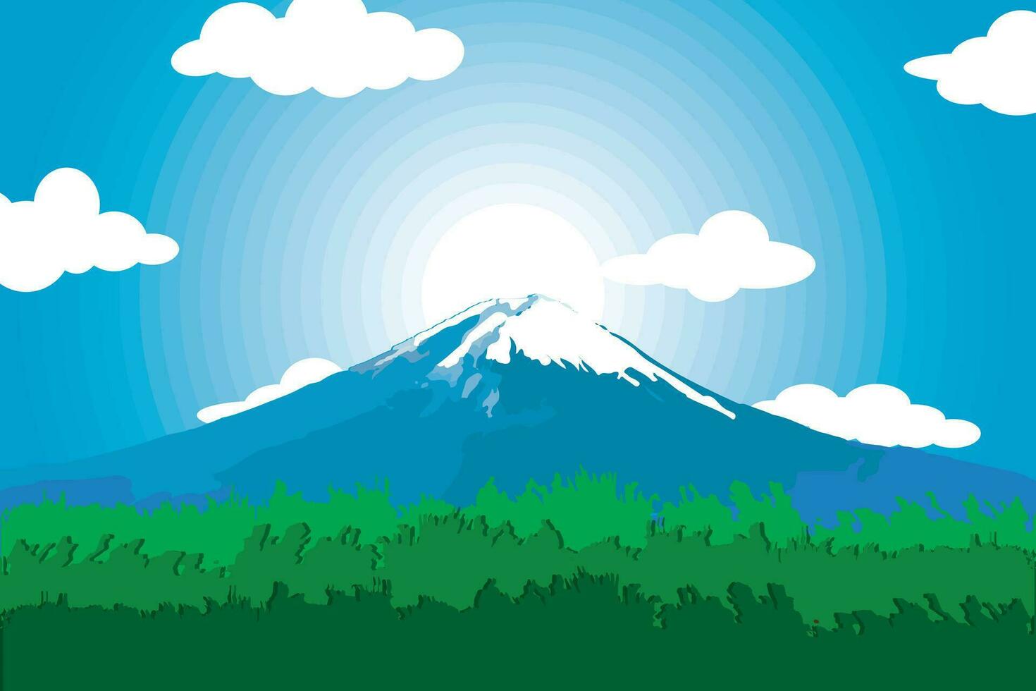 ilustração Visão do a montanha com Sol e nuvens em a azul céu fundo. vetor