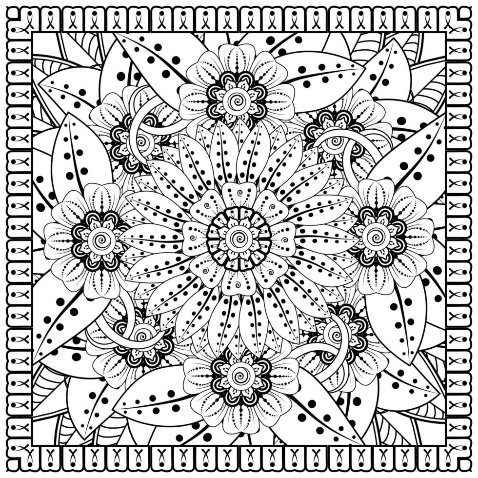 contorno padrão de flor quadrada no estilo mehndi para página de livro de colorir vetor