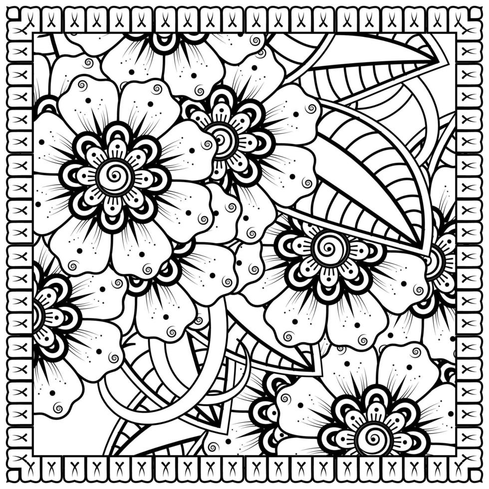 contorno padrão de flor quadrada no estilo mehndi para página de livro de colorir vetor