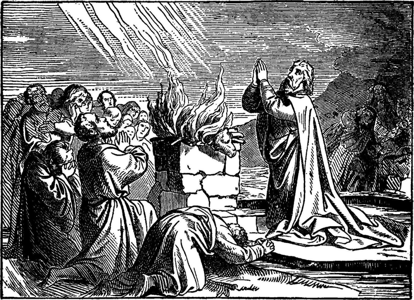 elijah Rezar para Deus para conjunto fogo para dele altar dentro frente do a profetas do Baal vintage ilustração. vetor