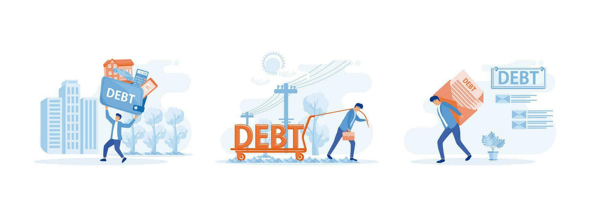 homem de negocios carregando pesado dívida fardo, suando e puxar homem dentro terno. dívida fardo conjunto plano vetor moderno ilustração
