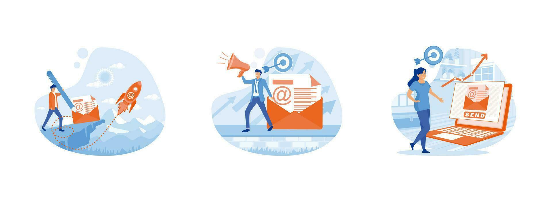 o email e Mensagens. o email marketing. enviando serviço. o email marketing 1 conjunto plano vetor moderno ilustração