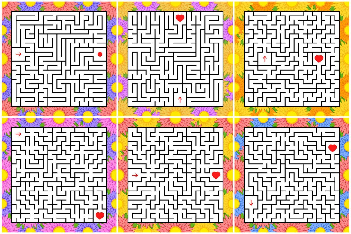 um conjunto de labirintos quadrados. jogo para crianças. quebra-cabeça para crianças. uma entrada, uma saída. enigma do labirinto. ilustração em vetor plana isolada no fundo branco. com uma moldura floral brilhante.
