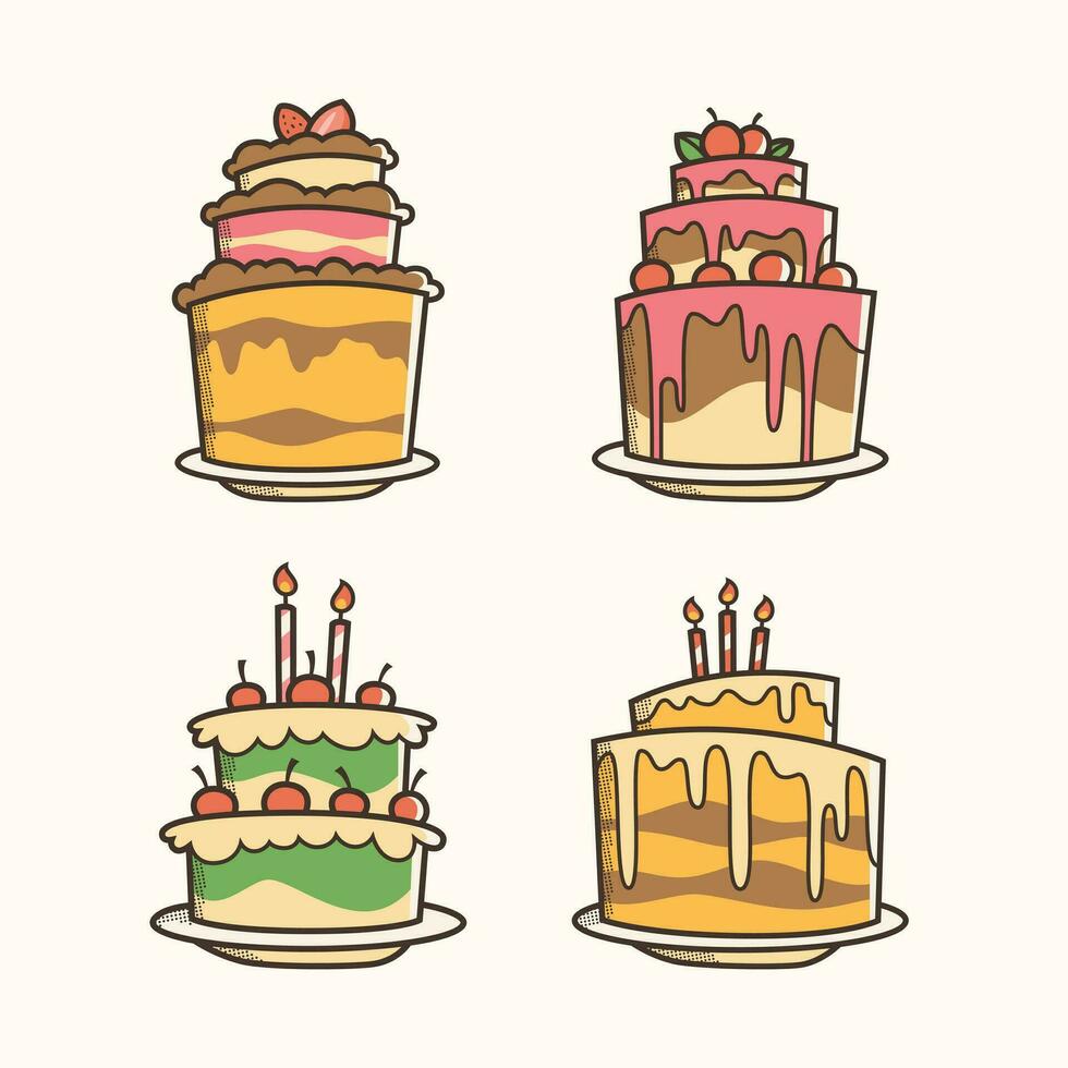 conjunto do aniversário bolo adesivo projeto, ícone Projeto e vetor ilustração