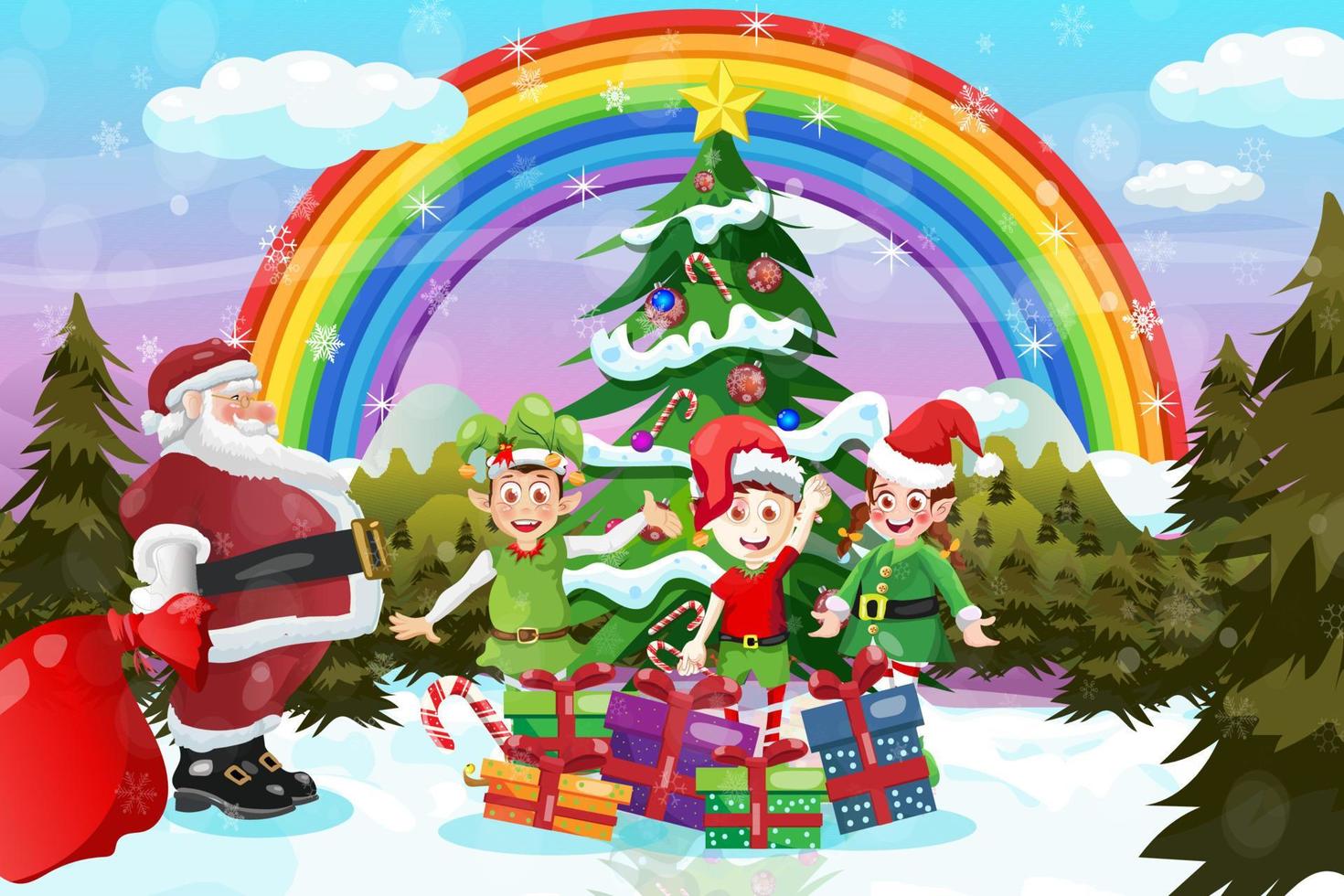 arco-íris de fundo de natal cartoon papai noel com duendes vetor