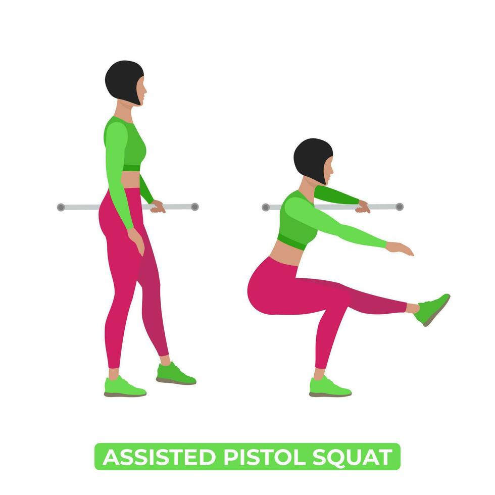 vetor mulher fazendo assistido pistola agachamento. 1 perna agachamento. peso corporal ginástica pernas exercite-se exercício. a educacional ilustração em uma branco fundo.