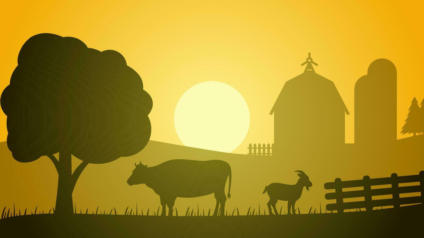 terras agrícolas silhueta panorama vetor ilustração. cenário do gado vaca e bode dentro a campo Fazenda. rural panorama para ilustração, fundo ou papel de parede