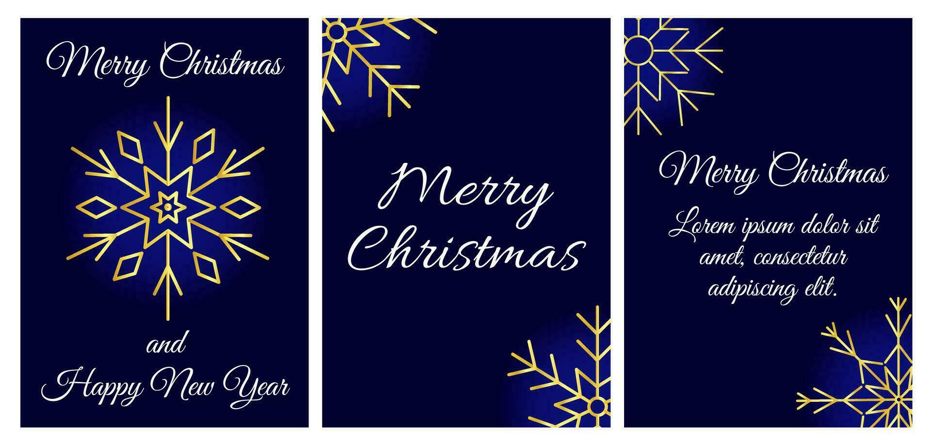 alegre Natal e feliz Novo ano. uma conjunto do cartões com dourado flocos de neve em uma Sombrio azul fundo. bandeira para a Novo ano feriados. vetor