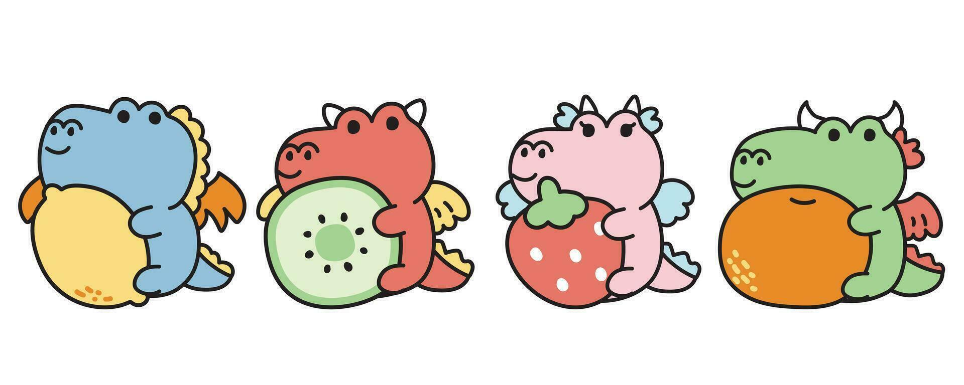 conjunto do fofa Dragão com vários frutas em branco fundo.chinês animal personagem desenho animado design.feliz Novo ano 2024.zodíaco.limão,kiwi,morango,laranja mão desenhado.kawaii.vetor.ilustração. vetor