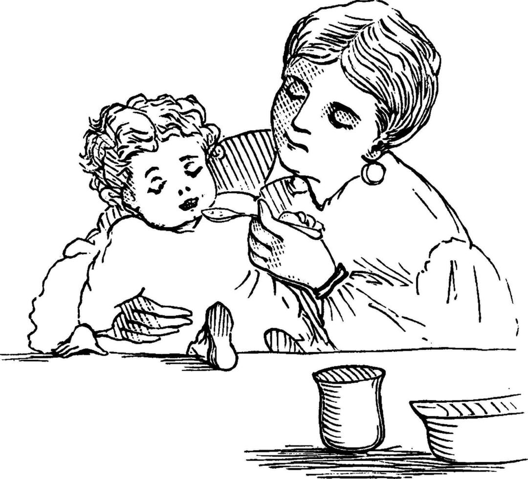 bebê ser alimentado vintage ilustração. vetor