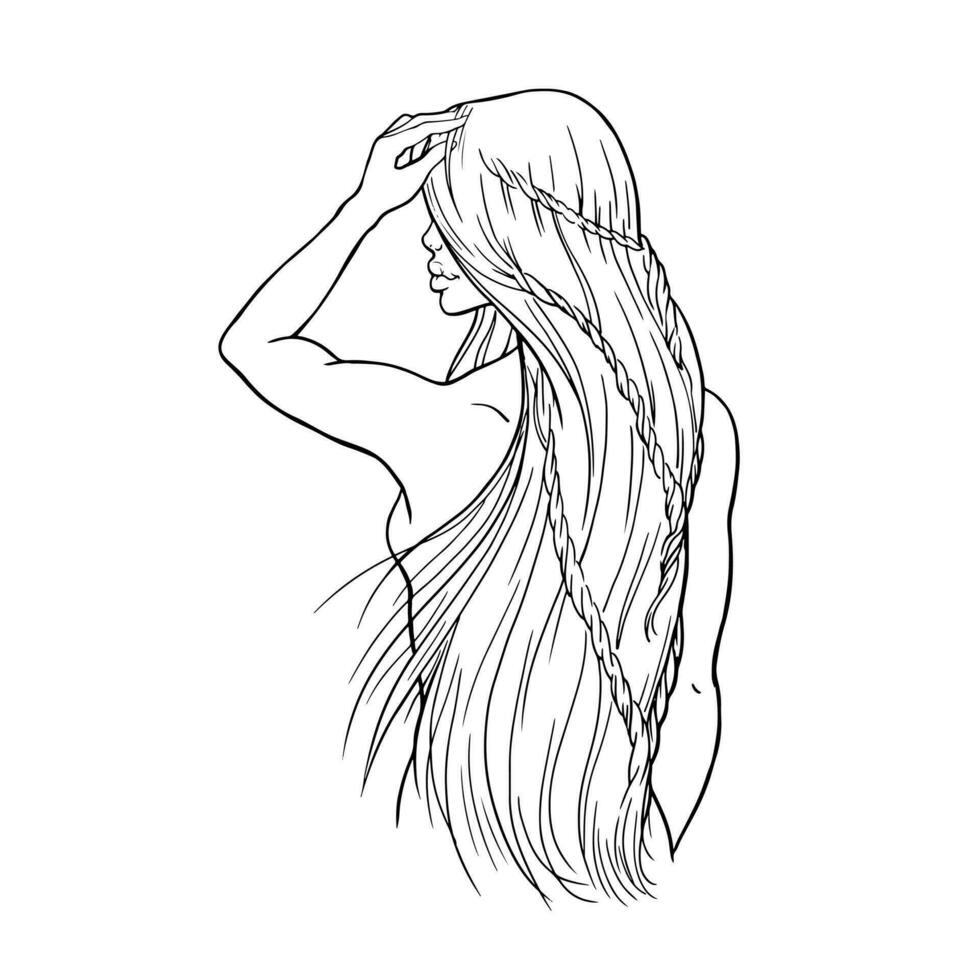 gráfico desenhando de mão. vetor. imagem do uma nu menina com grandes cabelo a partir de a cabelo decoração coleção. para a Projeto do sites, cartões postais, adesivos, coloração livros, impressão. vetor