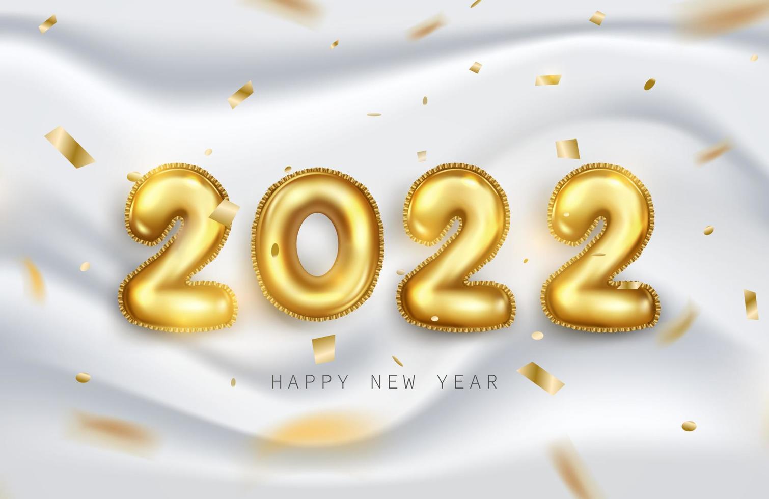 feliz ano novo 2022. números metálicos dourados 2022 em 3d realista em fundo branco suave com brilhos brilhantes ou fita caindo. ilustração vetorial de elementos de férias para banner, cartaz e design vetor