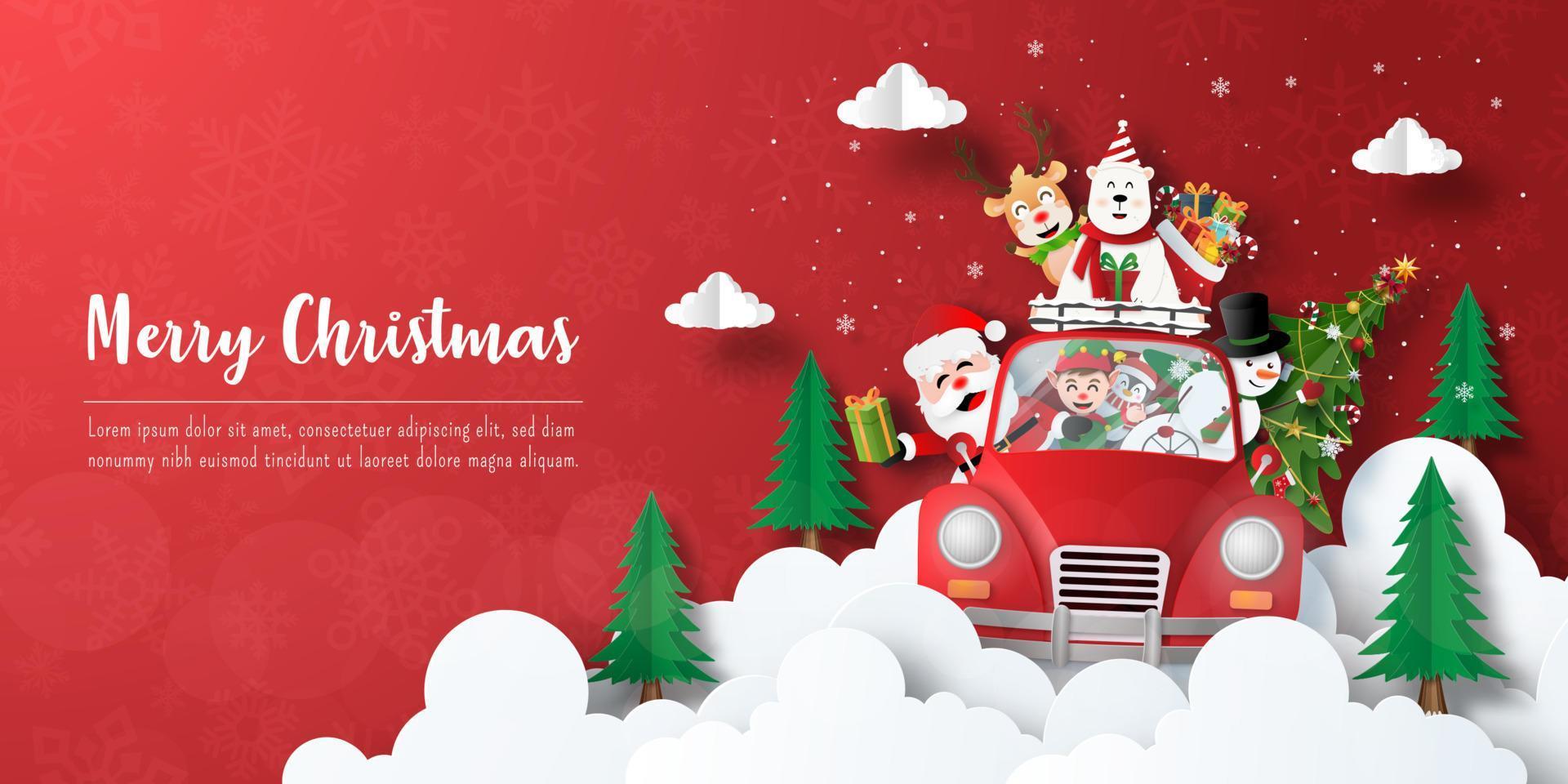 feliz natal e feliz ano novo, cartão postal de banner de natal do papai noel e amigos em um carro de natal vetor