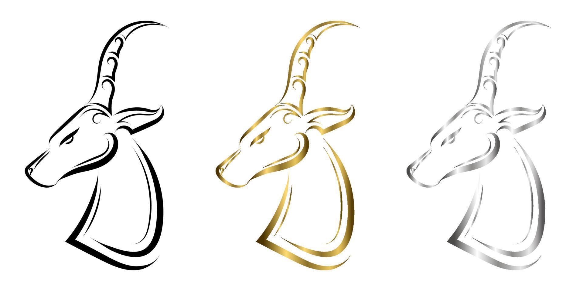 três cores de ouro preto e arte de linha de prata da cabeça do impala. bom uso de símbolo, mascote, ícone, avatar, tatuagem, design de camiseta, logotipo ou qualquer design que você quiser. vetor