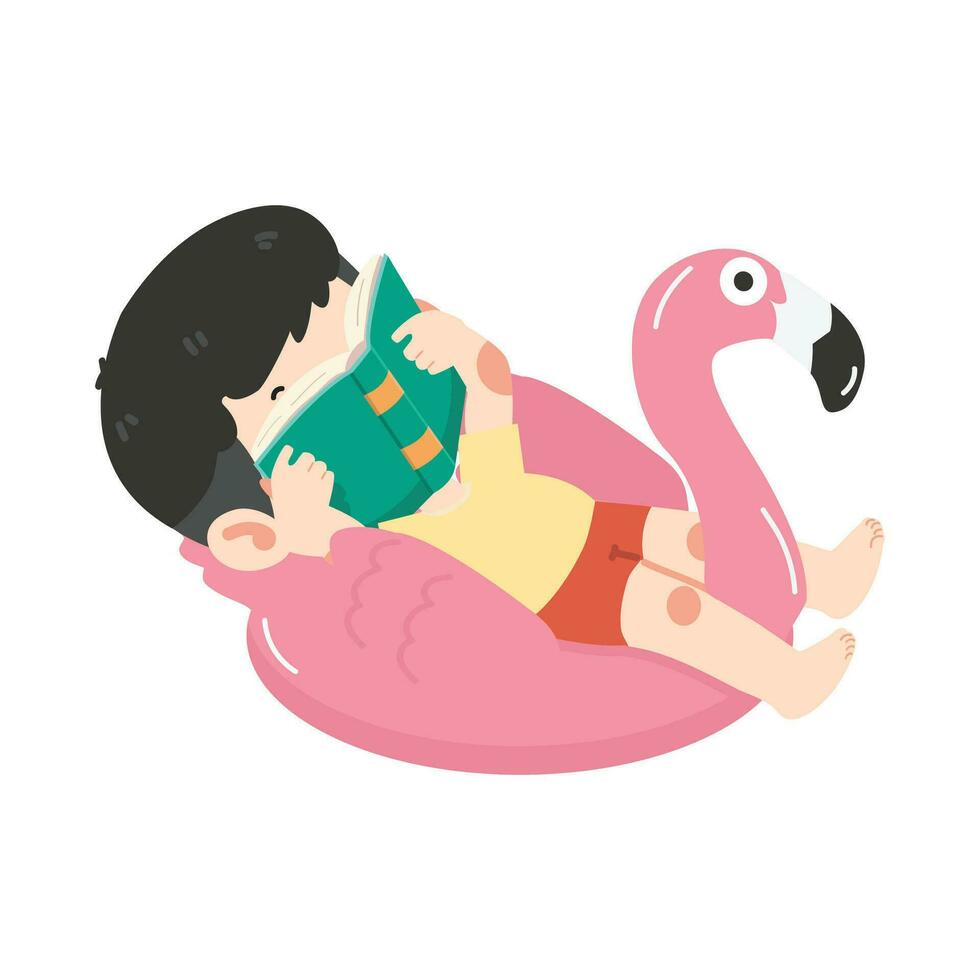 criança Garoto lendo livro com flamingo flutuador vetor