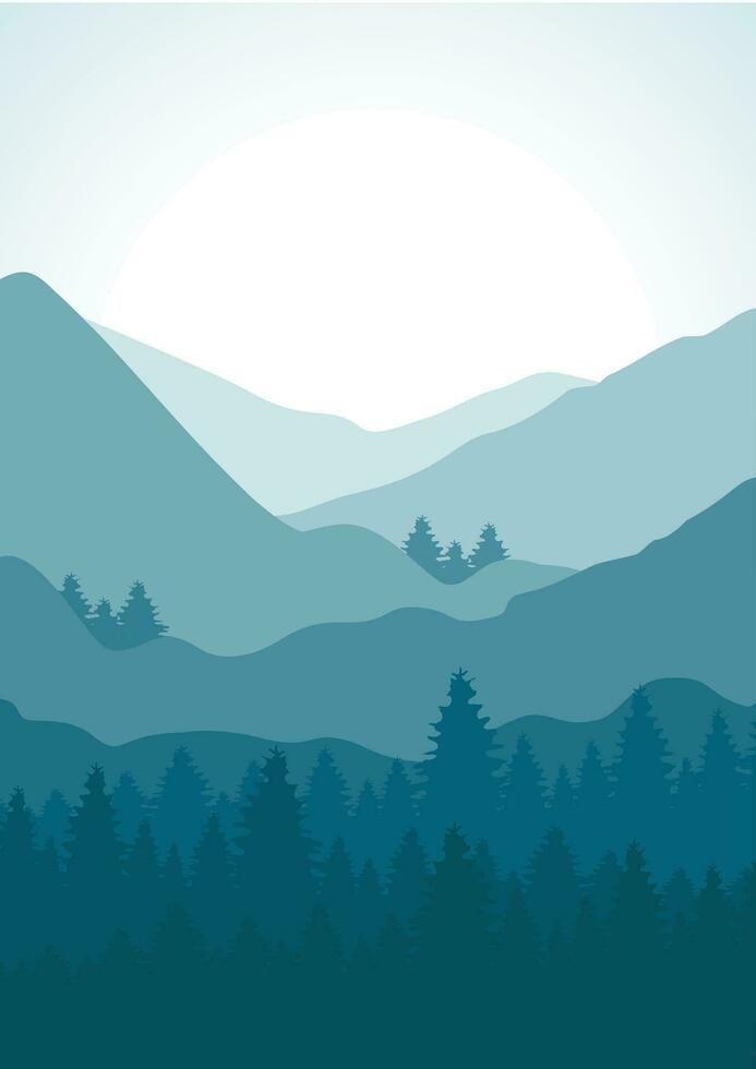 Visão em inverno montanhas com frio nascer do sol poster imprimir. estético minimalista névoa floresta. vetor