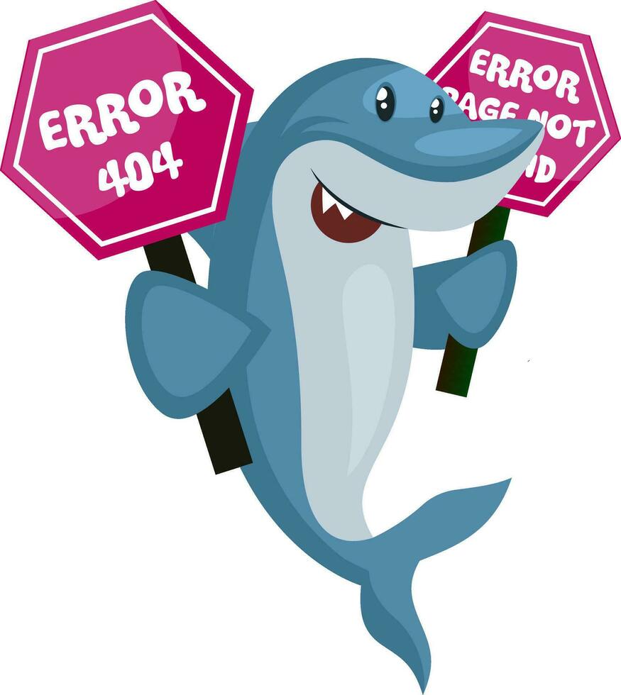 tubarão com sinal de erro 404, ilustração, vetor em fundo branco.