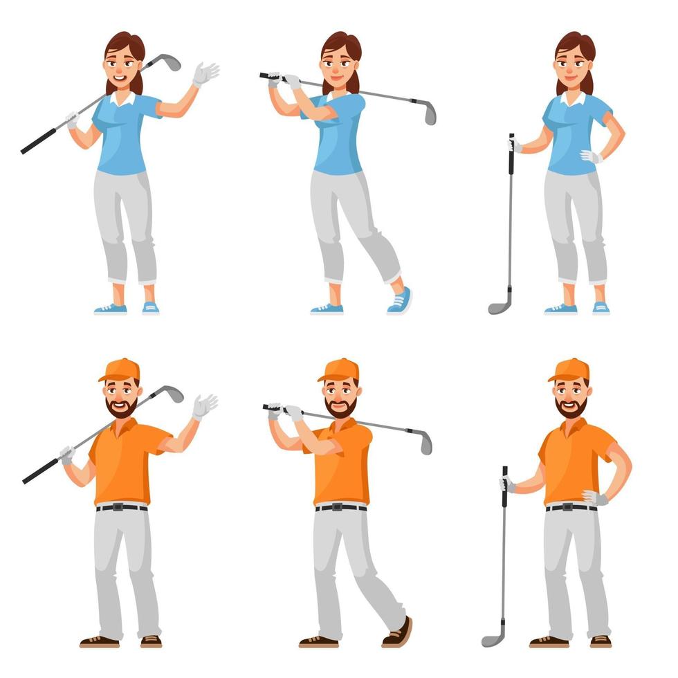 jogadores de golfe masculinos e femininos em poses diferentes. vetor