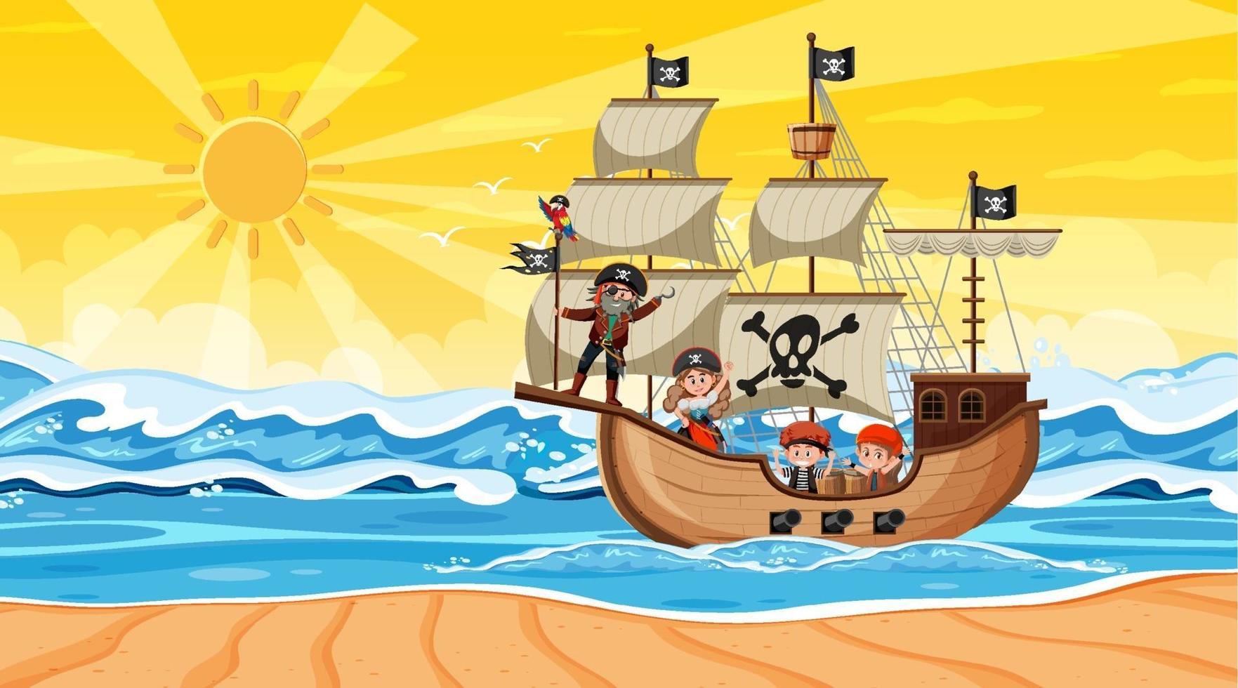 oceano com navio pirata na cena do pôr do sol em estilo cartoon vetor