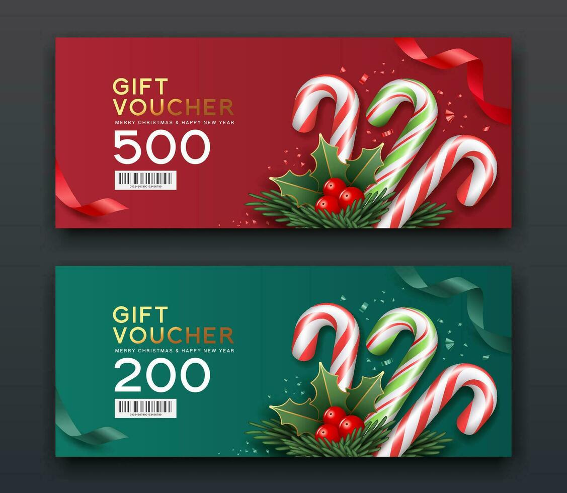 presente vouchers alegre Natal doce bastão bengala vermelho e verde e vermelho e verde fita, coleções conceito Projeto fundo, eps 10 vetor ilustração