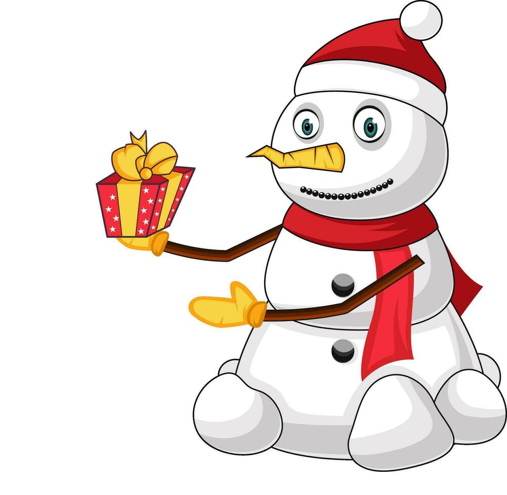 boneco de neve com presente ilustração vetor em branco fundo