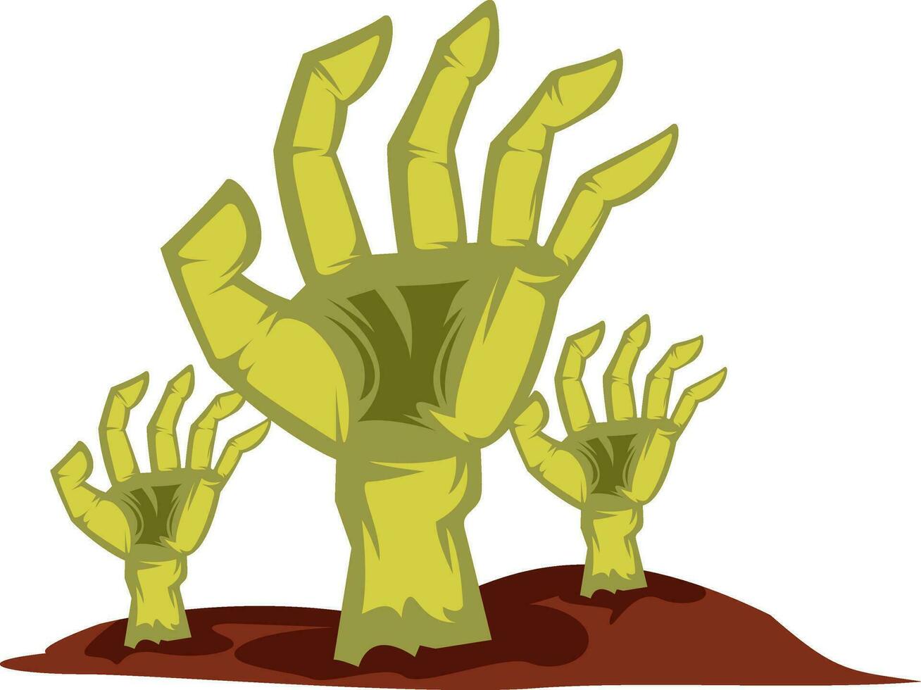 três amarelo mãos Aumentar a partir de a terra dia das Bruxas vetor ilustração em branco fundo.